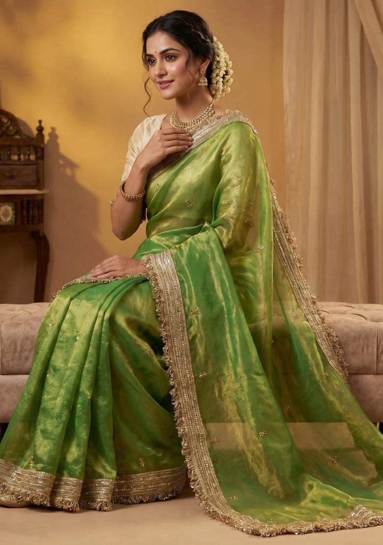 Parrot Sequin Work Fandi Saree Set - Indya