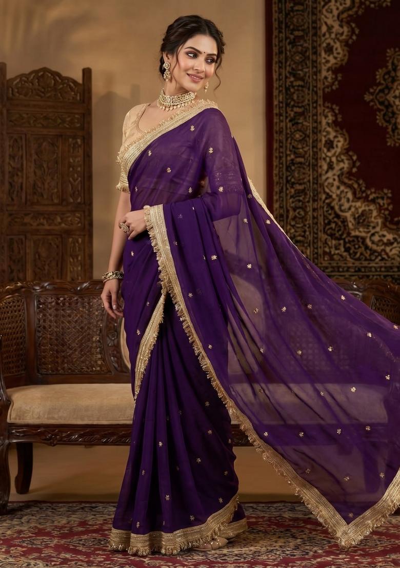 Purple Sequin Work Fandi Saree Set - Indya