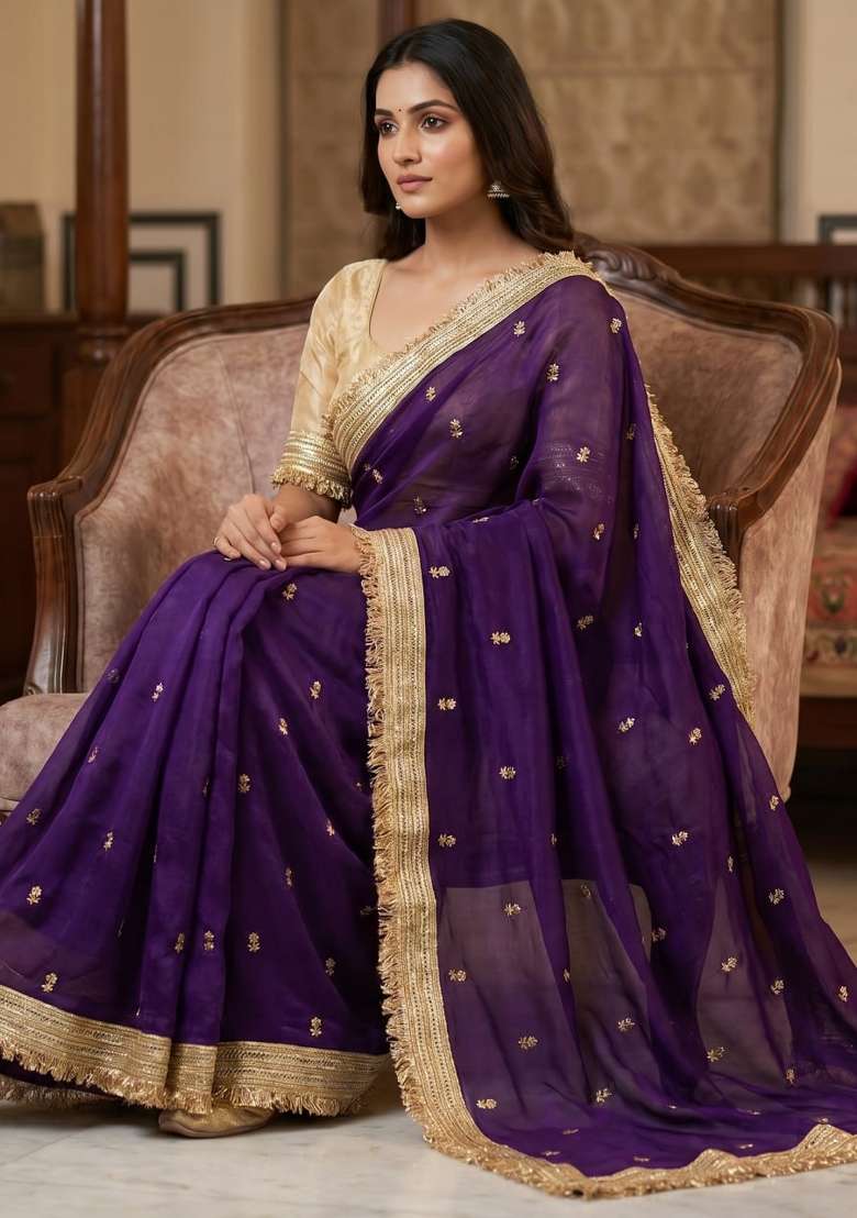 Purple Sequin Work Fandi Saree Set - Indya