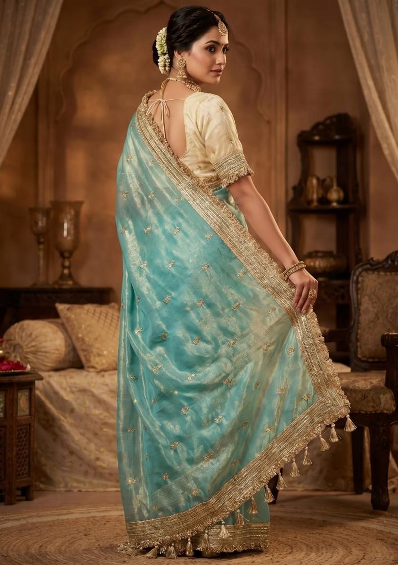 Sky Blue Sequin Work Fandi Saree Set - Indya
