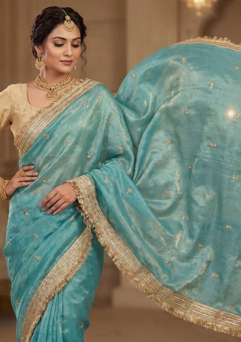 Sky Blue Sequin Work Fandi Saree Set - Indya