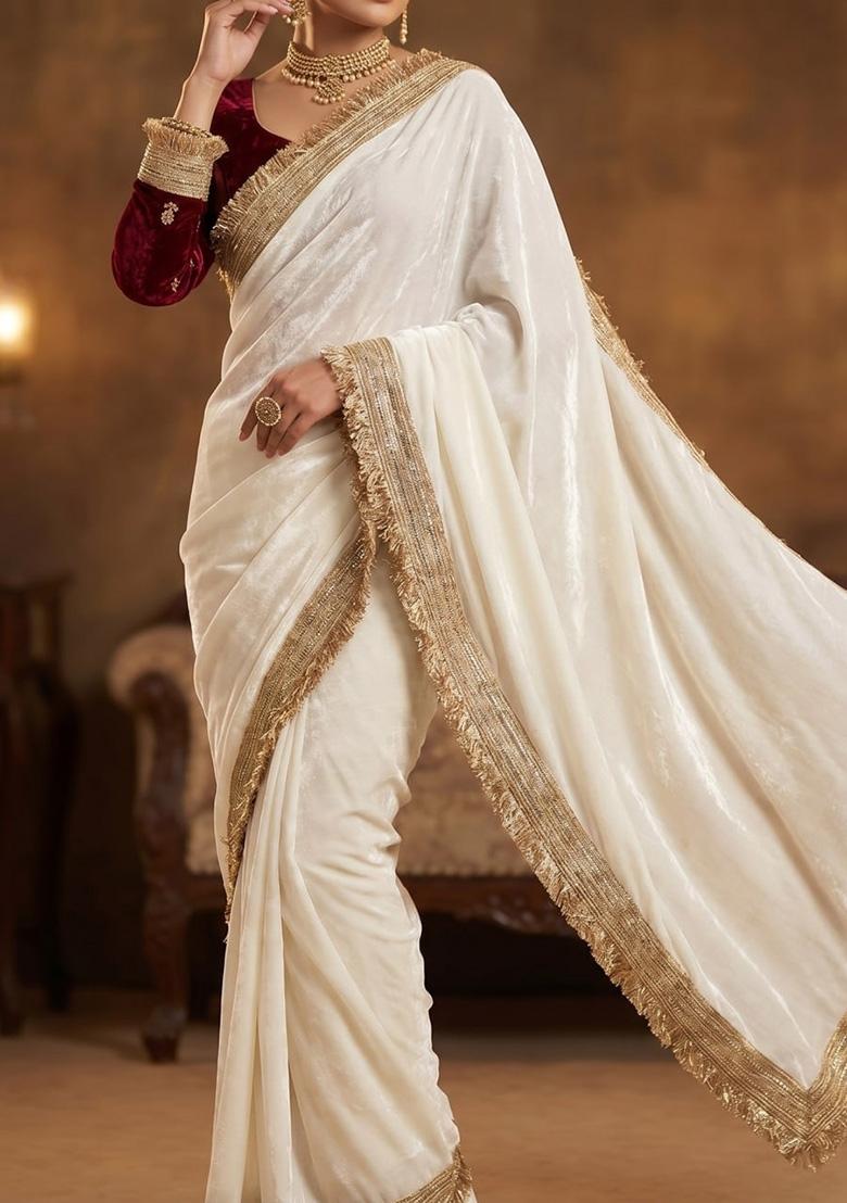White Sequin Work Fandi Saree Set - Indya