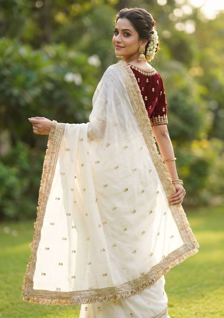 White Sequin Work Fandi Saree Set - Indya