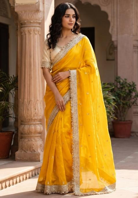 Yellow Sequin Work Fandi Saree Set