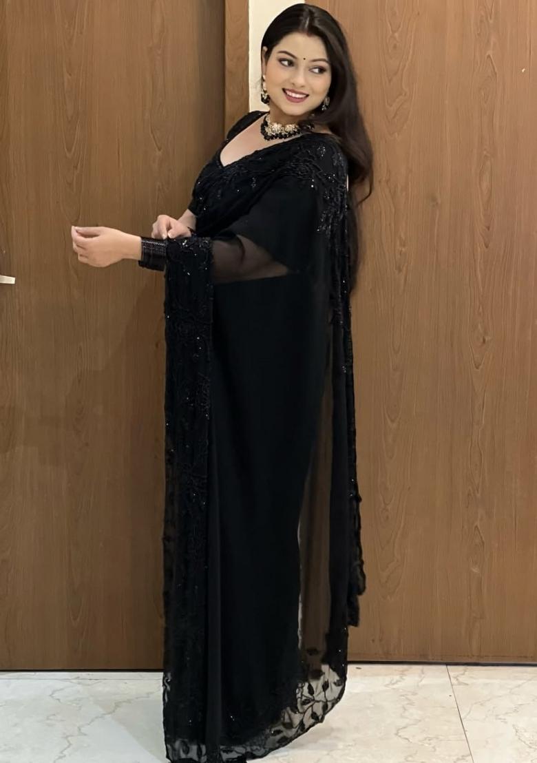 Black Beads Work Georgette Saree Set - Indya