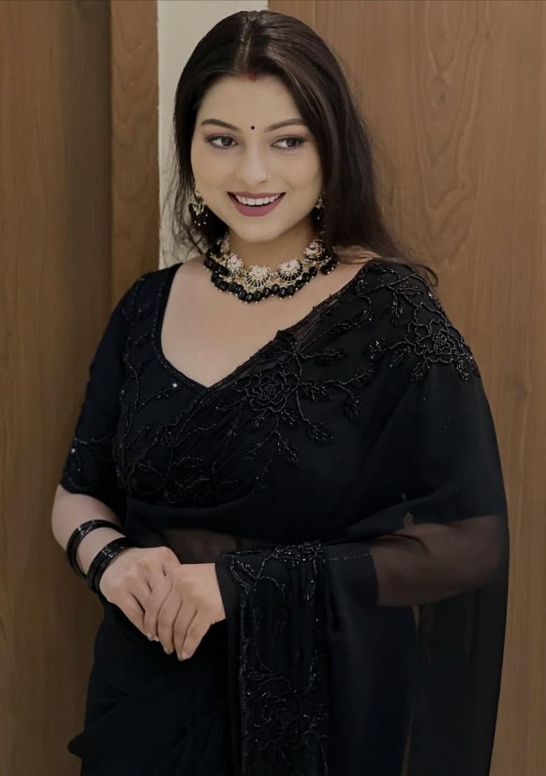 Black Beads Work Georgette Saree Set - Indya