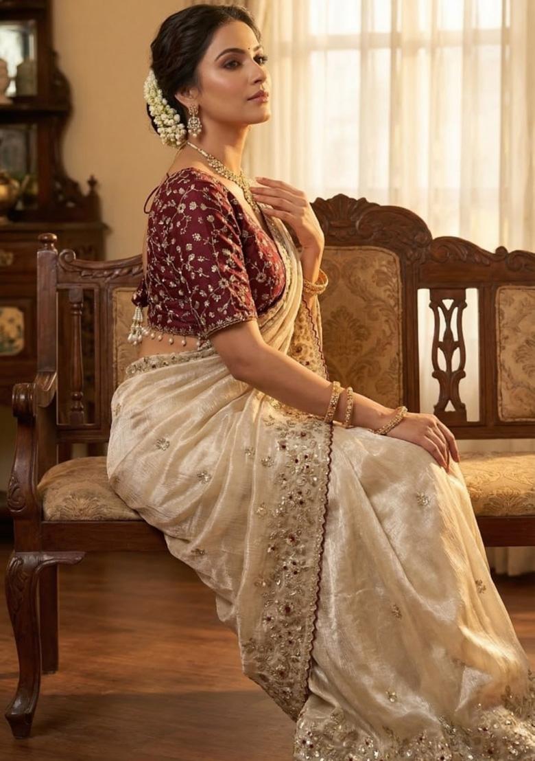 Cream Sequin Work Satin Saree Set - Indya