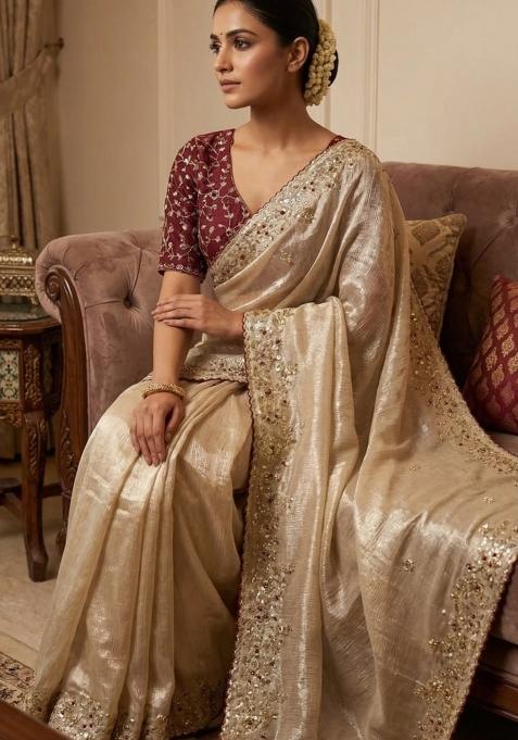 Cream Sequin Work Satin Saree Set