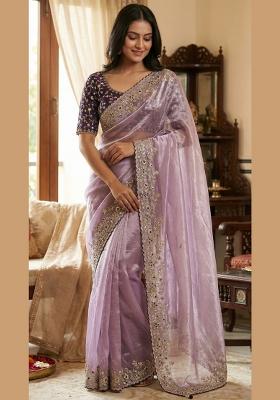 Lavender Sequin Work Satin Saree Set