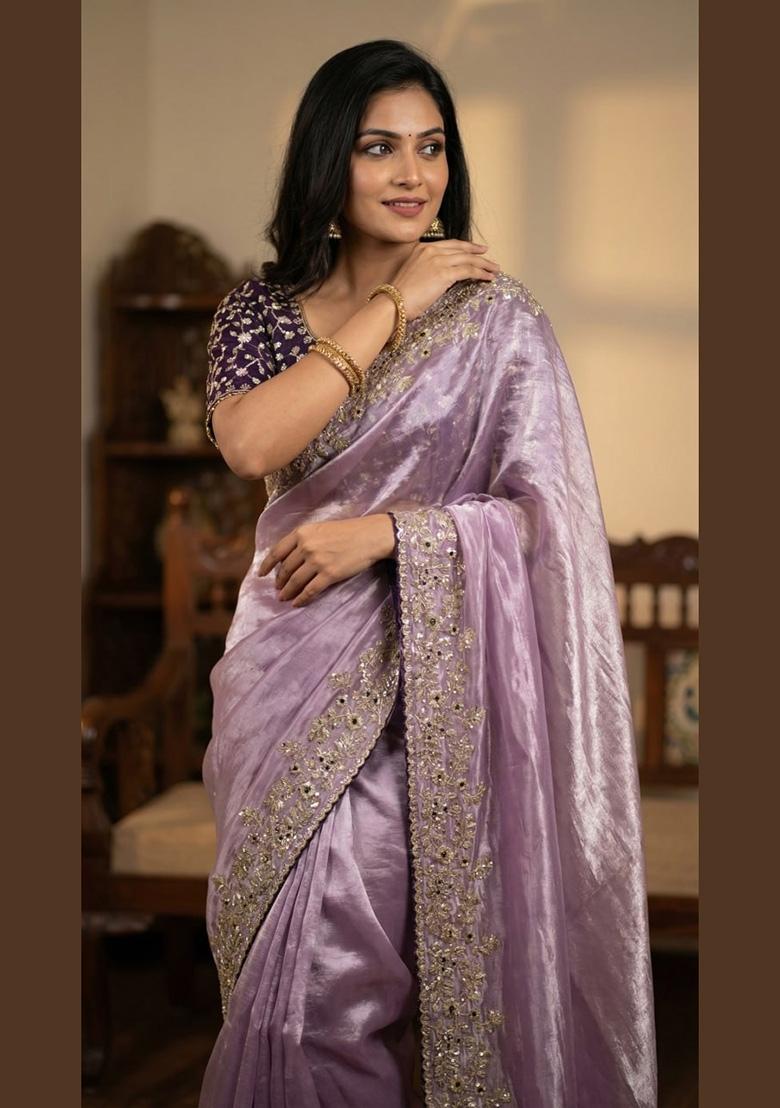 Lavender Sequin Work Satin Saree Set - Indya