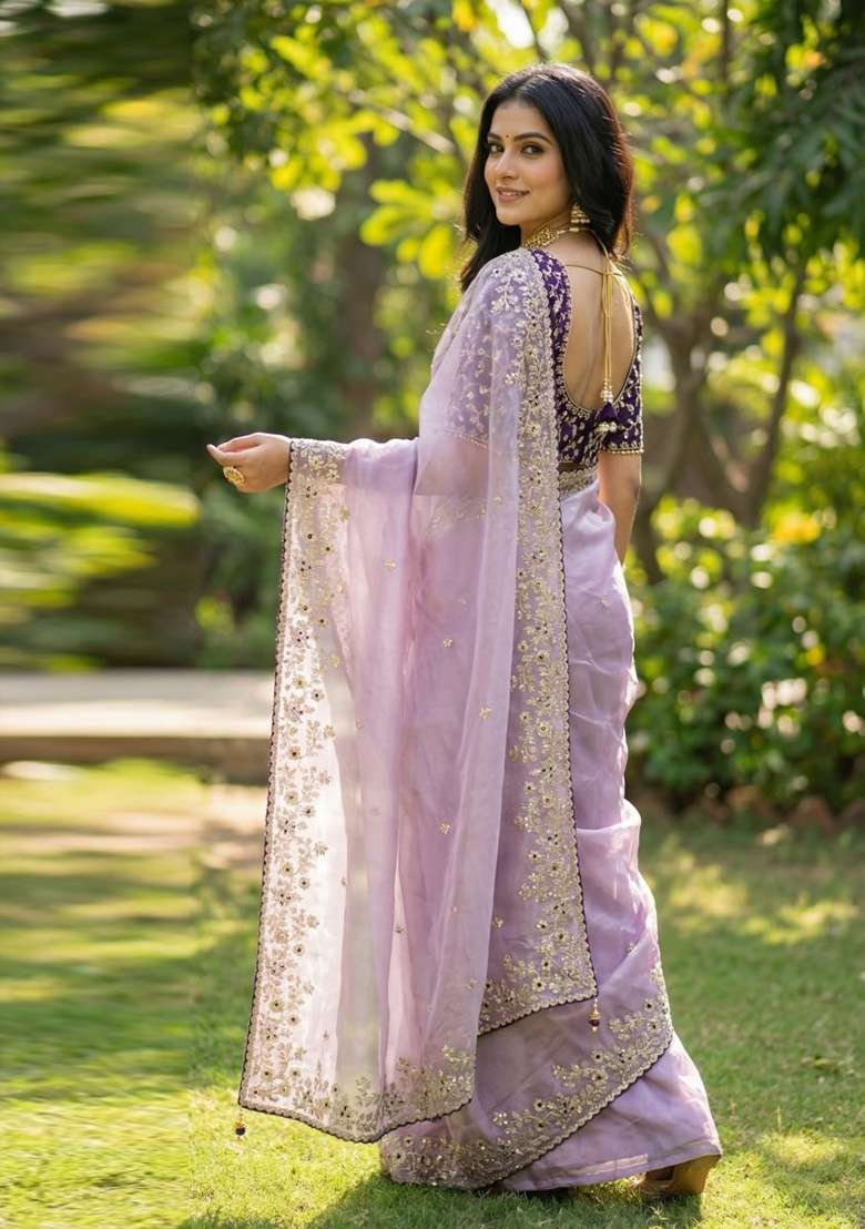 Lavender Sequin Work Satin Saree Set - Indya