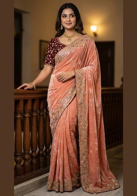 Maroon Sequin Work Satin Saree Set