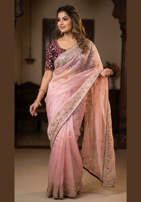Peach Sequin Work Satin Saree Set