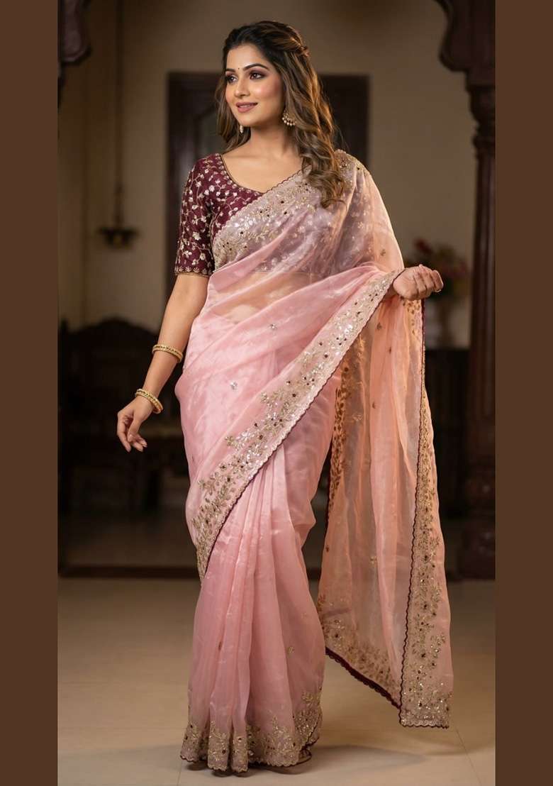 Peach Sequin Work Satin Saree Set - Indya