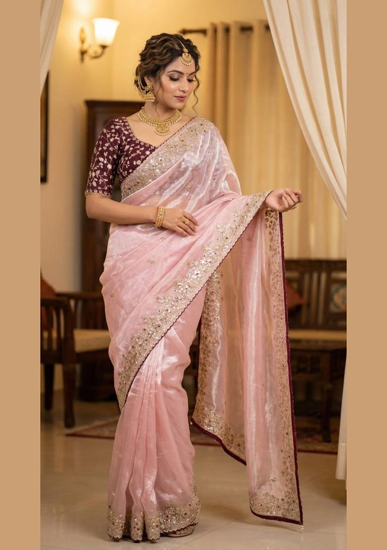 Peach Sequin Work Satin Saree Set - Indya
