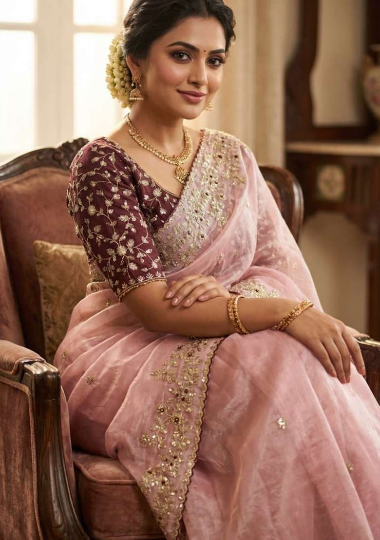 Peach Sequin Work Satin Saree Set - Indya