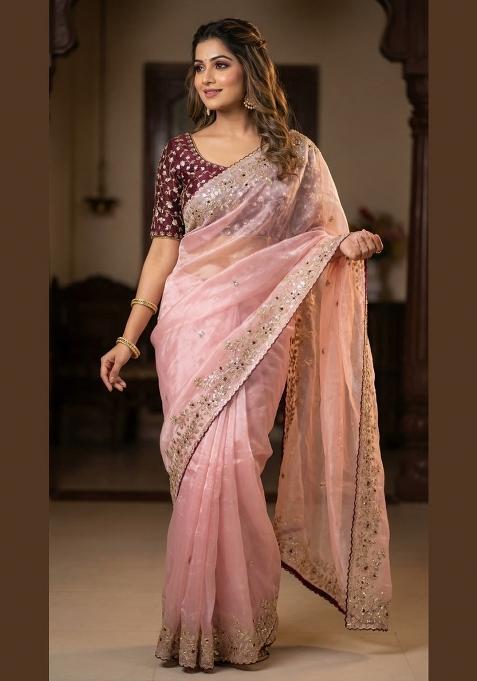 Peach Sequin Work Satin Saree Set