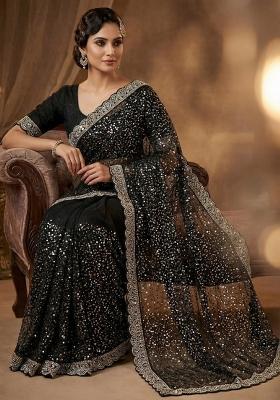 Black Beads Work Net Saree Set