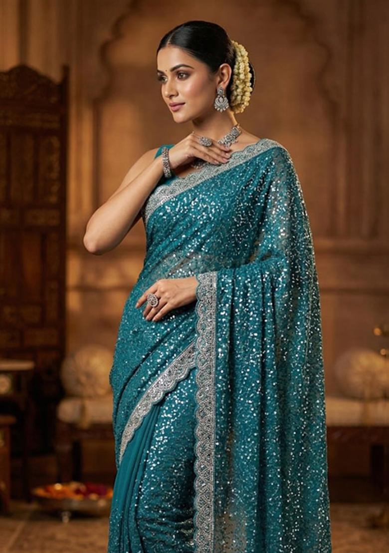 Rama Beads Work Net Saree Set - Indya
