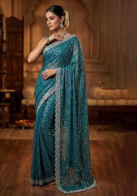 Rama Beads Work Net Saree Set