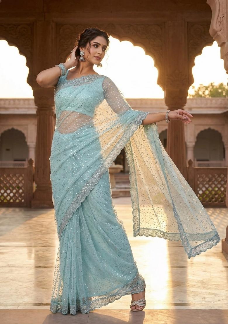 Sky Blue Beads Work Net Saree Set - Indya