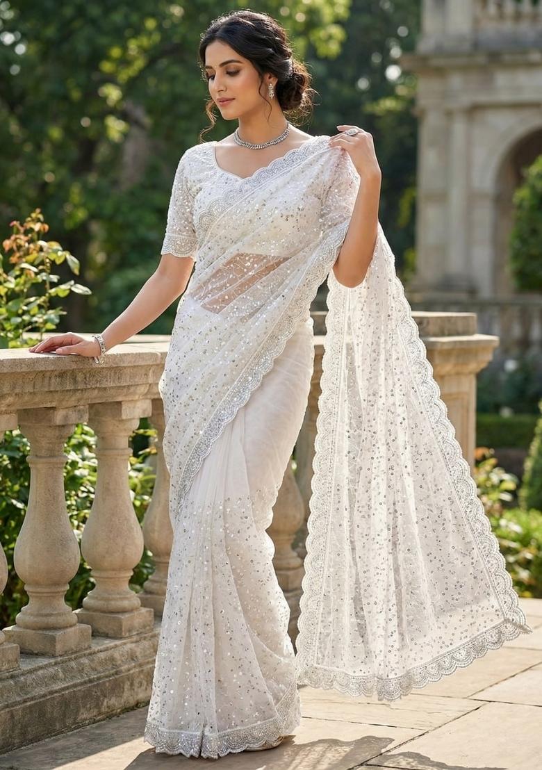 White Beads Work Net Saree Set - Indya