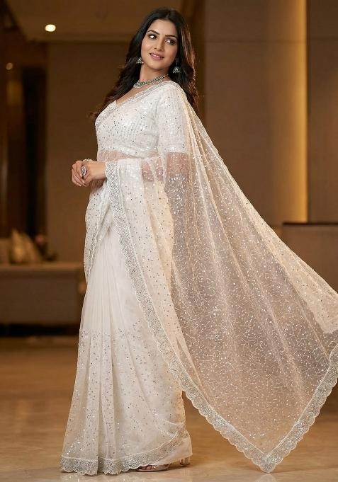 White Beads Work Net Saree Set