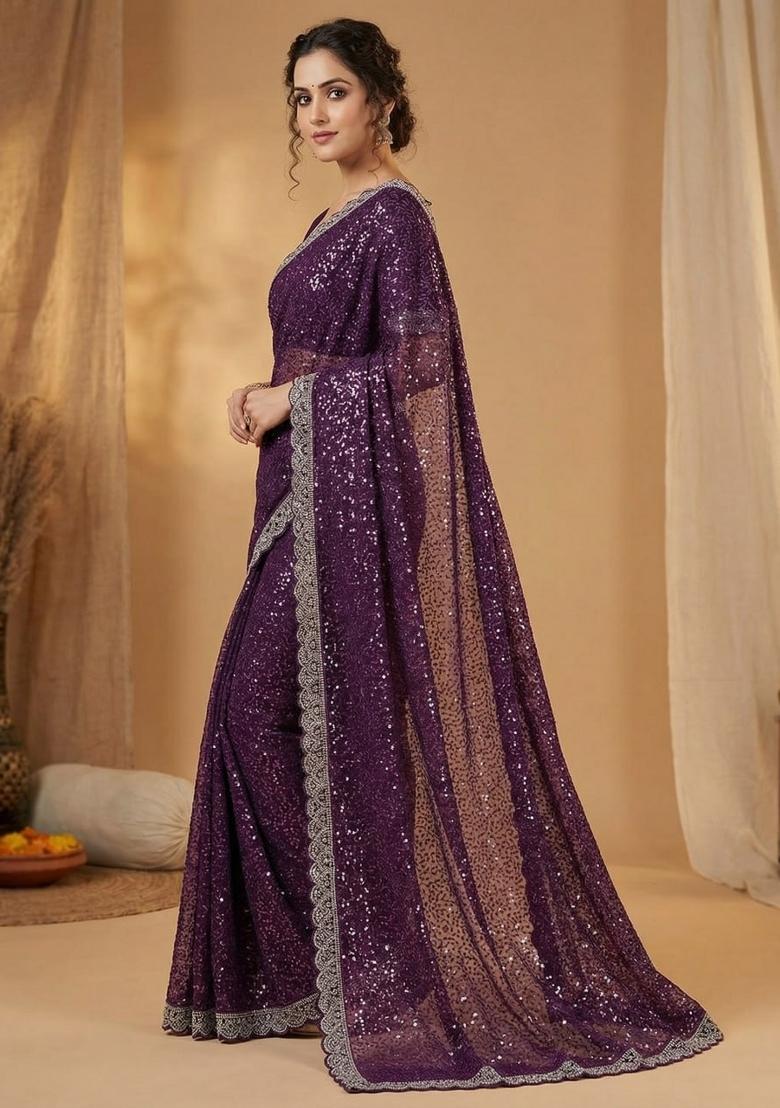 Wine Beads Work Net Saree Set - Indya