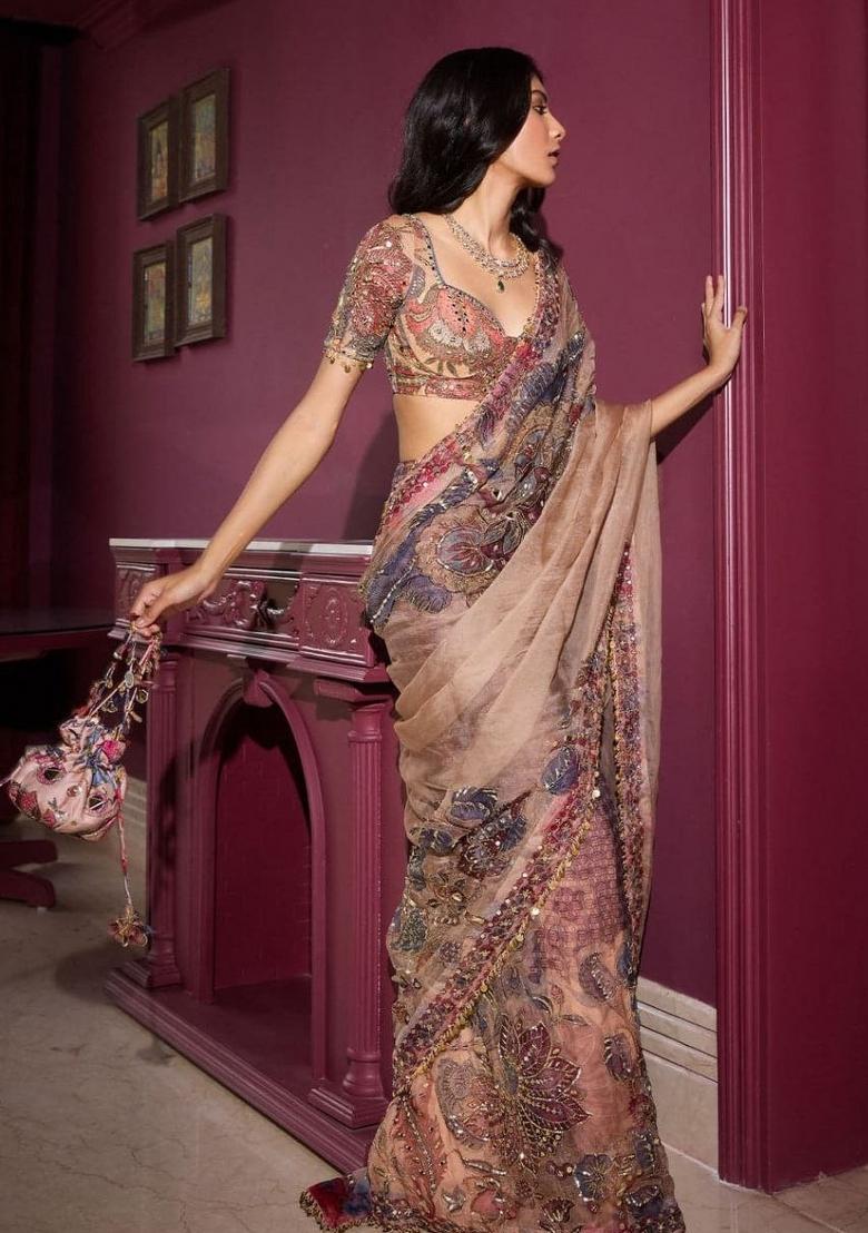 Peach Embroidered Georgette Saree Set - Indya