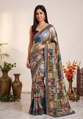 Multicolor Printed Chinon Saree Set