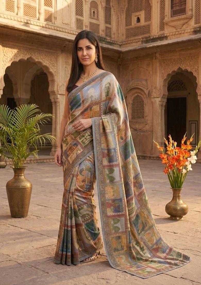 Multicolor Printed Chinon Saree Set - Indya