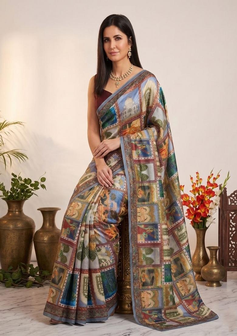 Multicolor Printed Chinon Saree Set - Indya