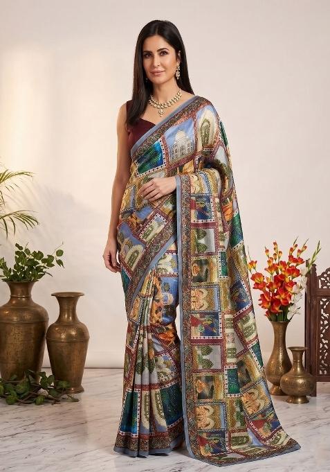 Multicolor Printed Chinon Saree Set