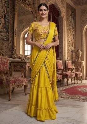 Yellow Embroidered Chinon Saree Set