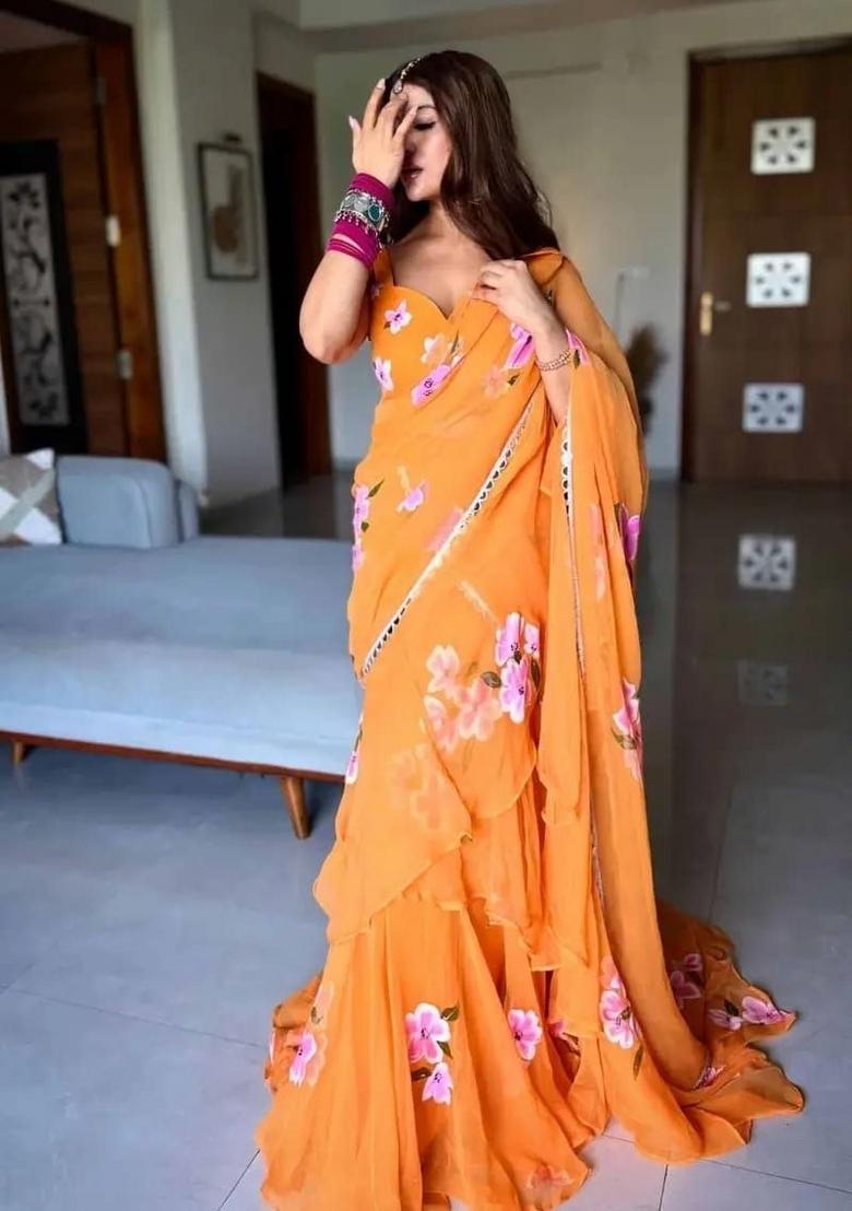 Orange Picho Work Georgette Saree Set - Indya