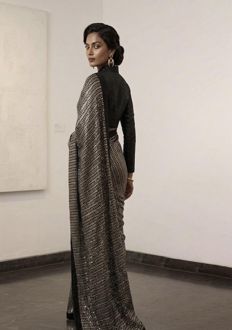 Black Silver Sequin Work Georgette Saree Set - Indya
