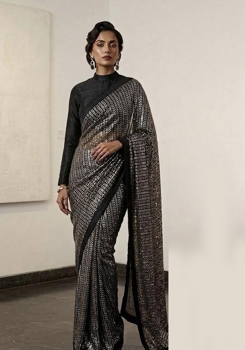 Black Silver Sequin Work Georgette Saree Set