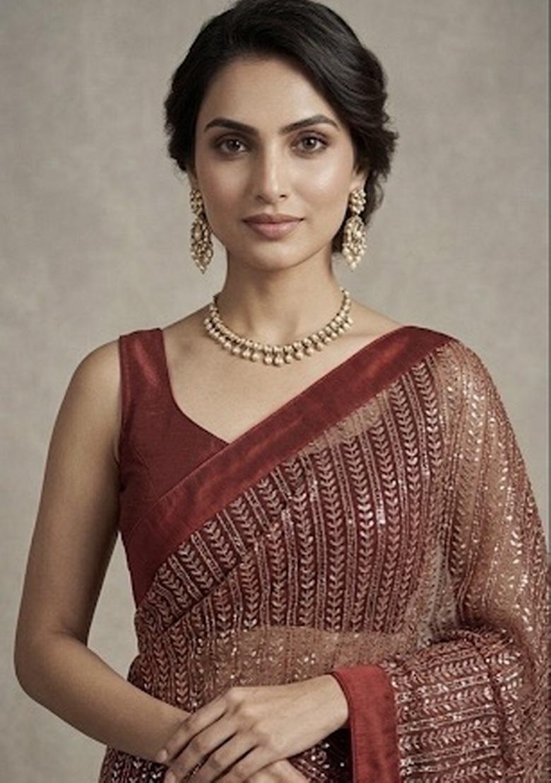 Brown Sequin Work Georgette Saree Set - Indya