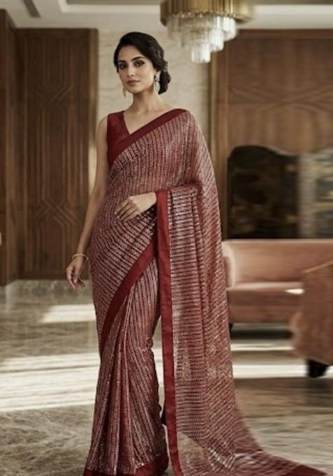 Brown Sequin Work Georgette Saree Set