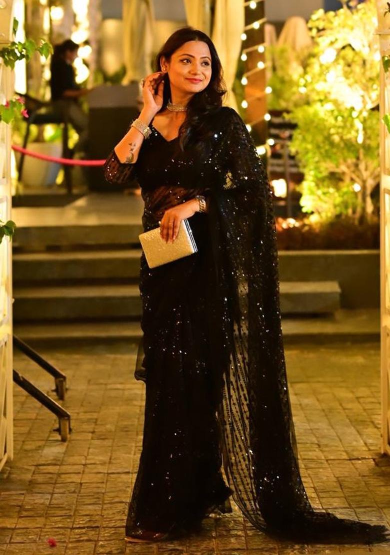 Black Thread Work Net Saree Set - Indya