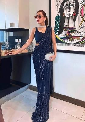 Blue Sequin Work Georgette Saree Set
