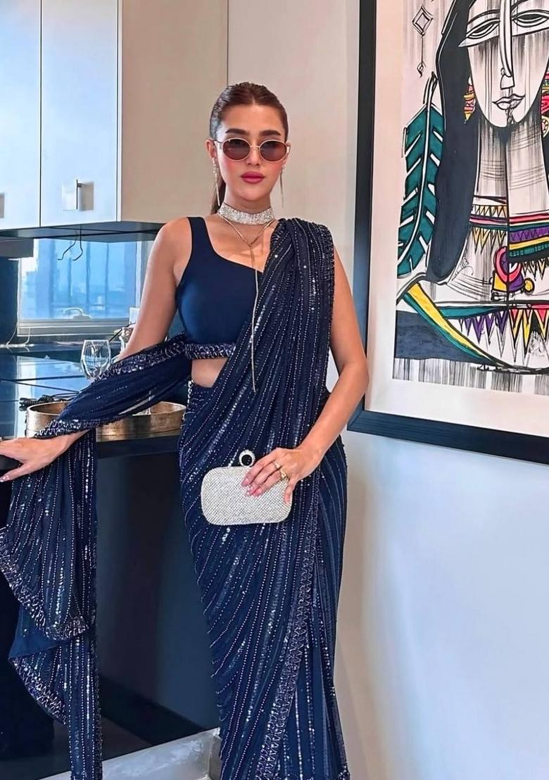 Blue Sequin Work Georgette Saree Set - Indya