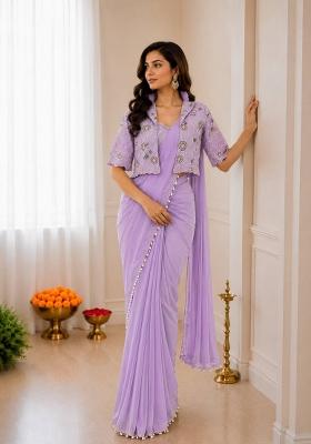 Lavender Embroidered Silk Blend Saree Set