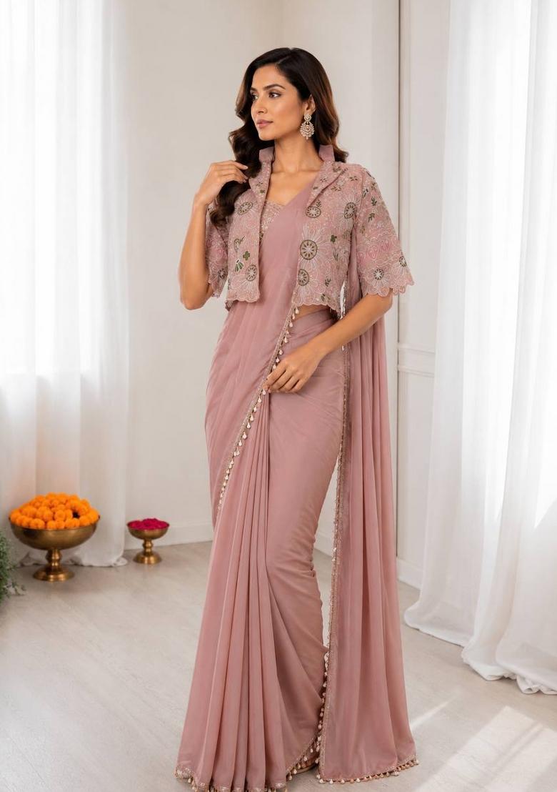Peach Embroidered Silk Blend Saree Set - Indya