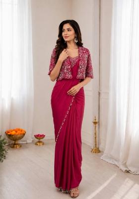 Red Embroidered Silk Blend Saree Set