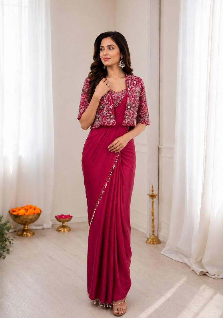 Red Embroidered Silk Blend Saree Set - Indya