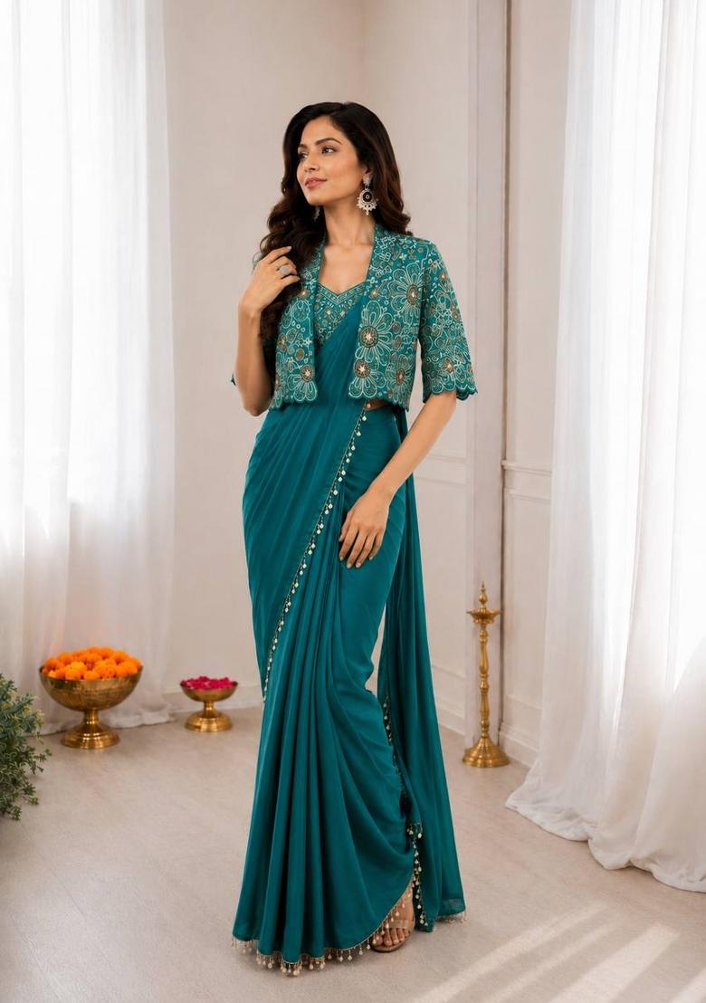 Teal Embroidered Silk Blend Saree Set - Indya