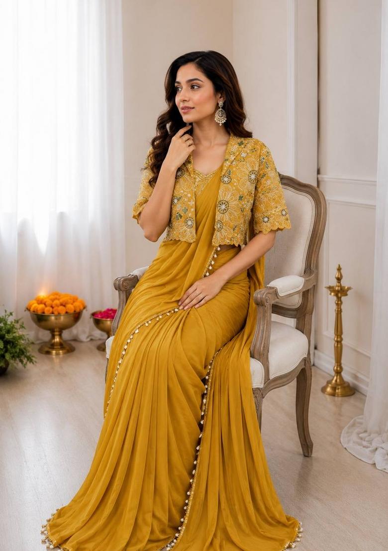Yellow Embroidered Silk Blend Saree Set - Indya