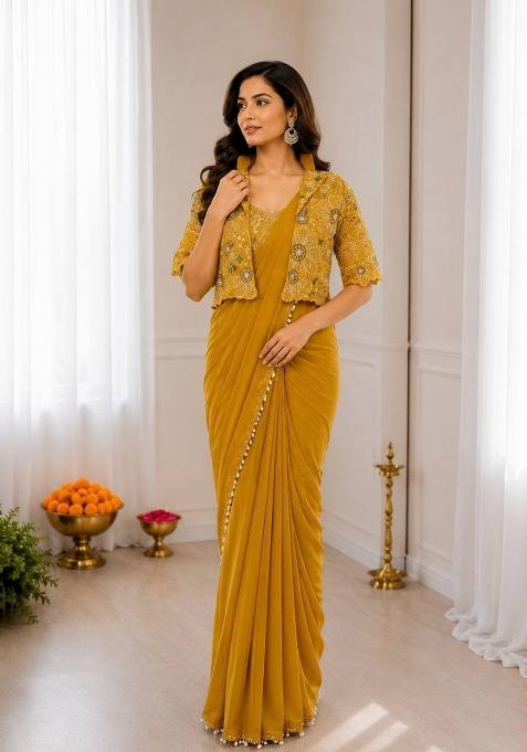 Yellow Embroidered Silk Saree Set