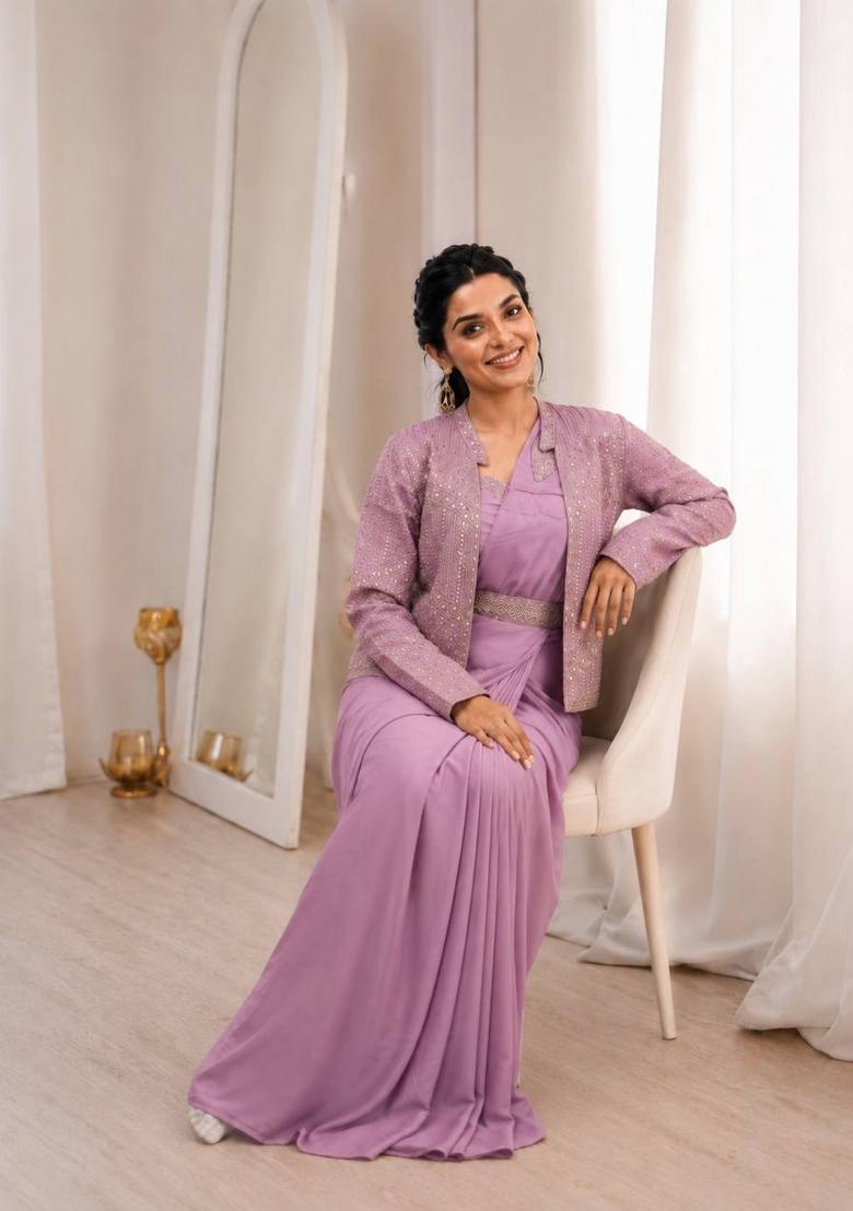 Lavender Embroidered Silk Blend Saree Set - Indya